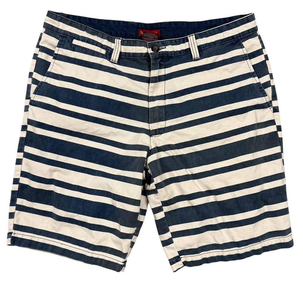 Merona Shorts Mens 36 Blue White Striped Canvas Chino Casual Summer Flat Front